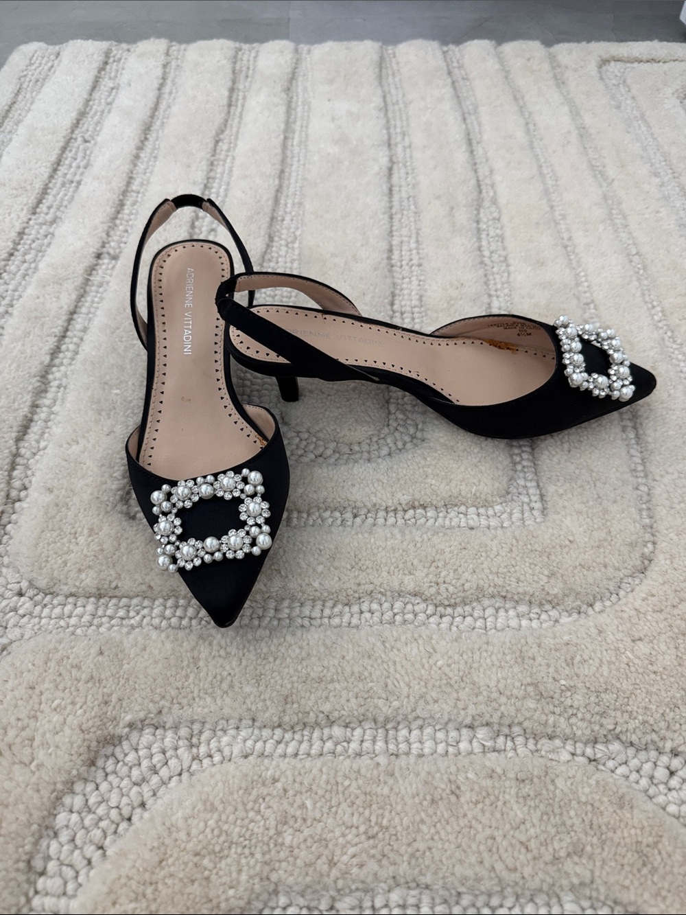 Adrienne Vittadini Black Pointed Pearl-Buckle Slingback Kitten Heels
